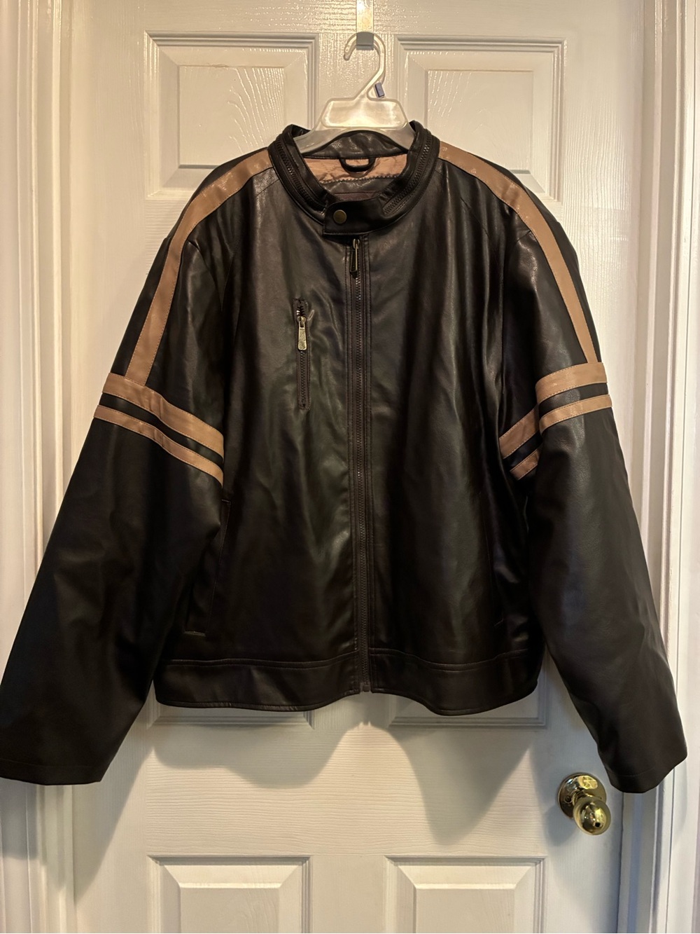 Men's Brown Leather Jacket with Tan Racing Stripes